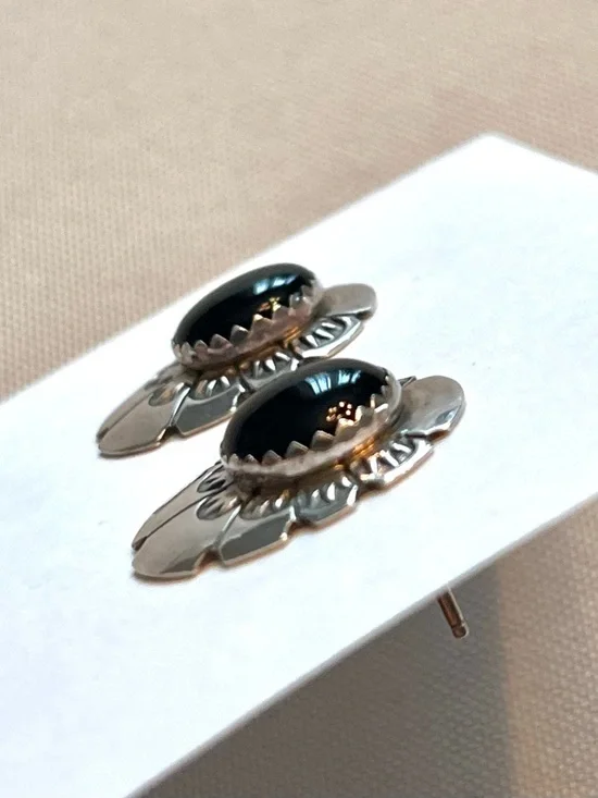 Vtg. Silver Native American Earrings w/ Black Onyx Stones - Posts - Picture 6 of 7